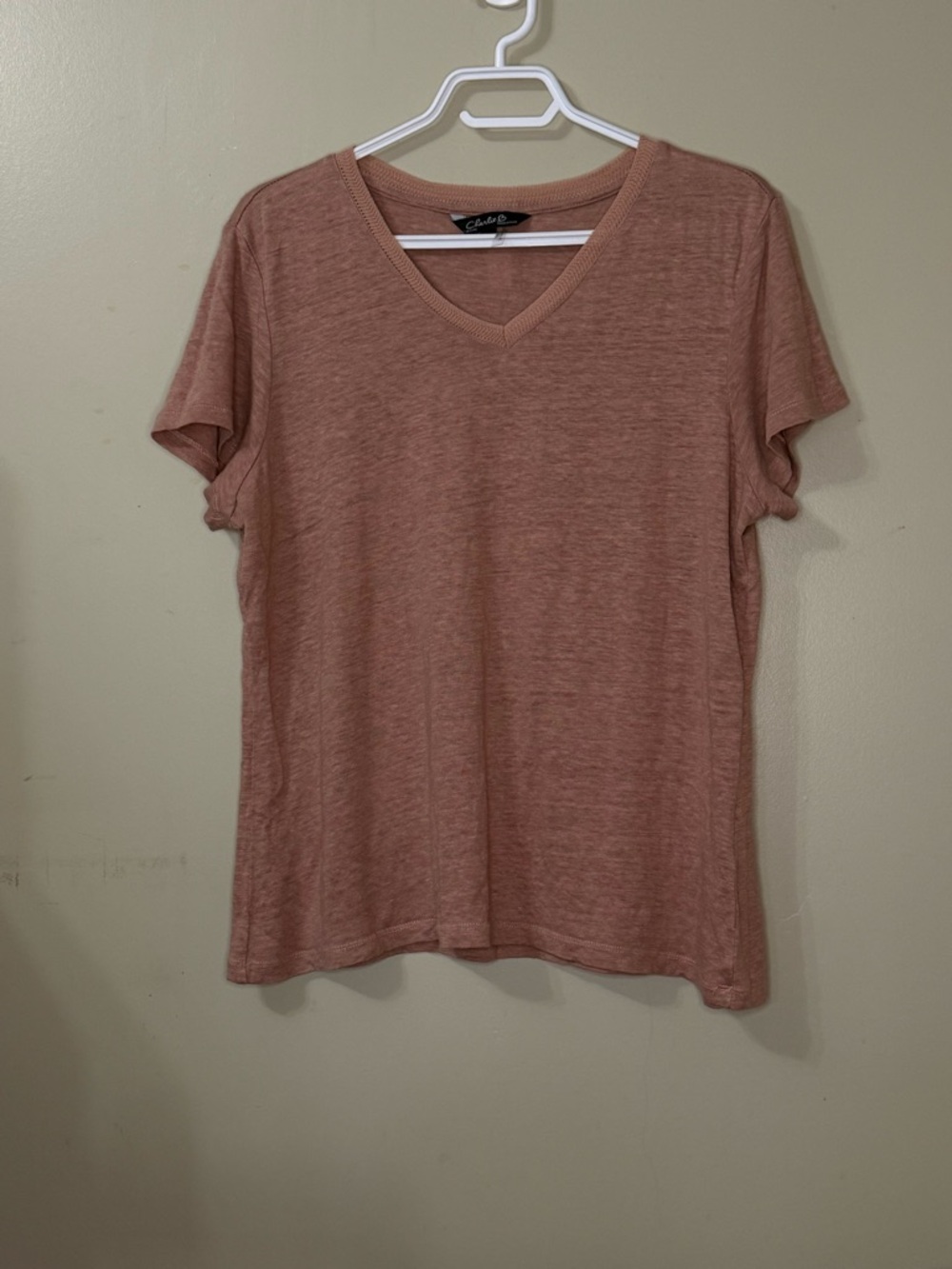 Charlie B Womens Dusty Rose 100% Linen V-Neck Short Sleeve T-Shirt C1231X-772A L